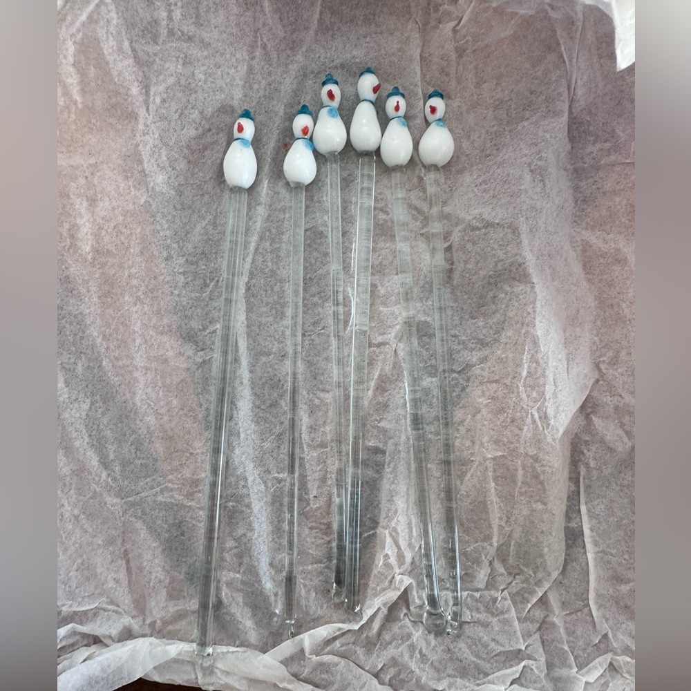 Snowman Blown Glass Swizzle Sticks Cocktail Party VTG